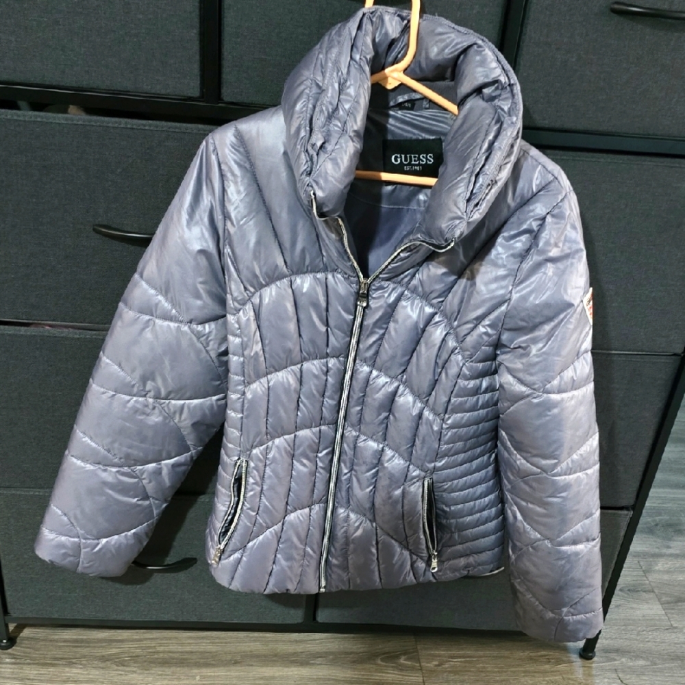 GUESS Women's Metallic Gray Puffer Jacket